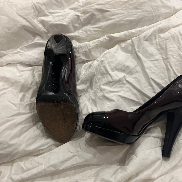 Chanel Burgundy Patent Leather With Navy Cap Toe Cut Out Heels - Picture 12 of 13